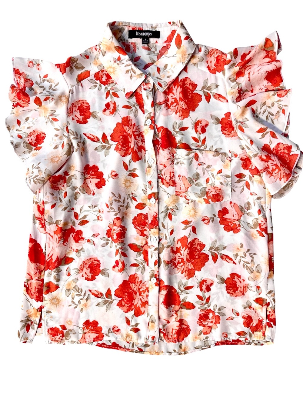 UPS & Downs White Button Up Blouse w/ Orange Floral Design. Small. 36” Bust